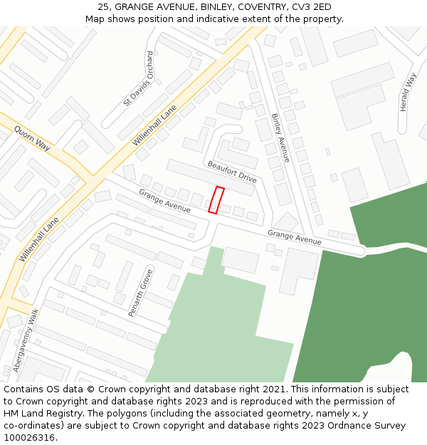 25, GRANGE AVENUE, BINLEY, COVENTRY, CV3 2ED: Location map and indicative extent of plot