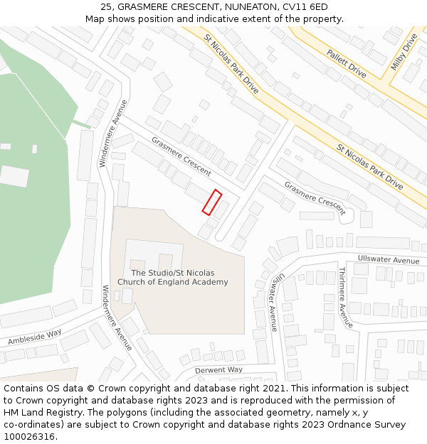 25, GRASMERE CRESCENT, NUNEATON, CV11 6ED: Location map and indicative extent of plot