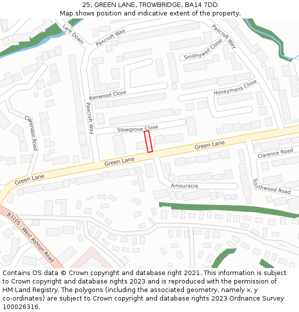 25, GREEN LANE, TROWBRIDGE, BA14 7DD: Location map and indicative extent of plot