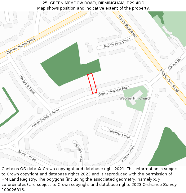 25, GREEN MEADOW ROAD, BIRMINGHAM, B29 4DD: Location map and indicative extent of plot