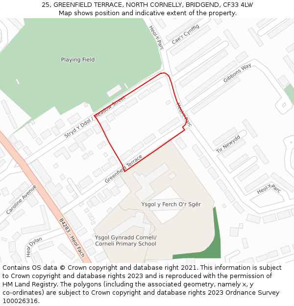 25, GREENFIELD TERRACE, NORTH CORNELLY, BRIDGEND, CF33 4LW: Location map and indicative extent of plot