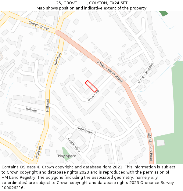 25, GROVE HILL, COLYTON, EX24 6ET: Location map and indicative extent of plot