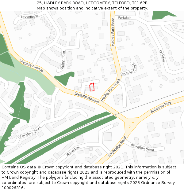 25, HADLEY PARK ROAD, LEEGOMERY, TELFORD, TF1 6PR: Location map and indicative extent of plot