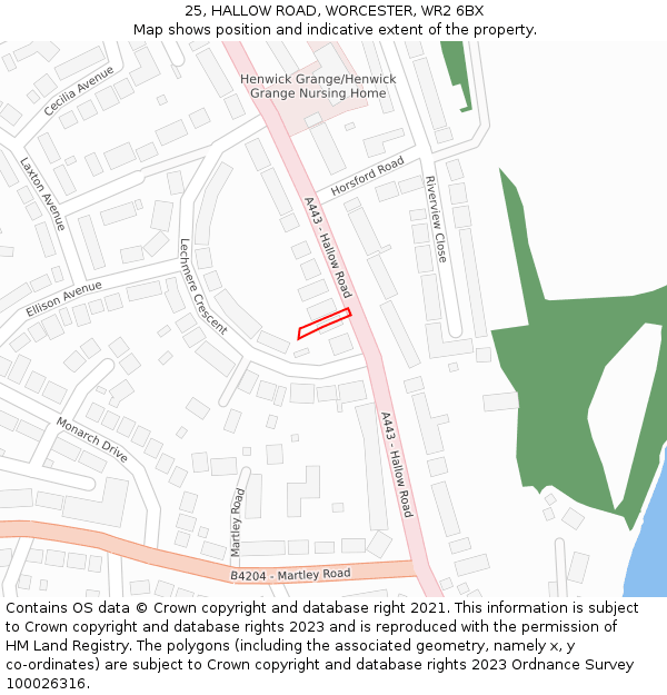 25, HALLOW ROAD, WORCESTER, WR2 6BX: Location map and indicative extent of plot