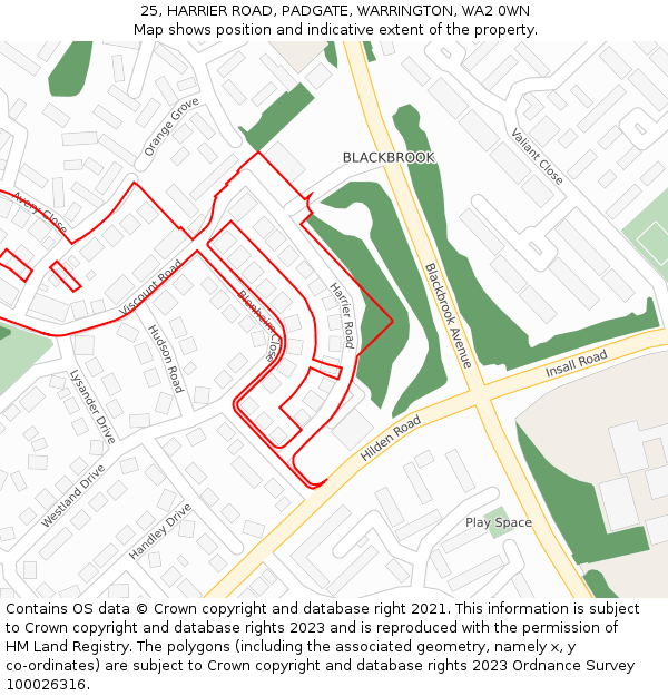 25, HARRIER ROAD, PADGATE, WARRINGTON, WA2 0WN: Location map and indicative extent of plot