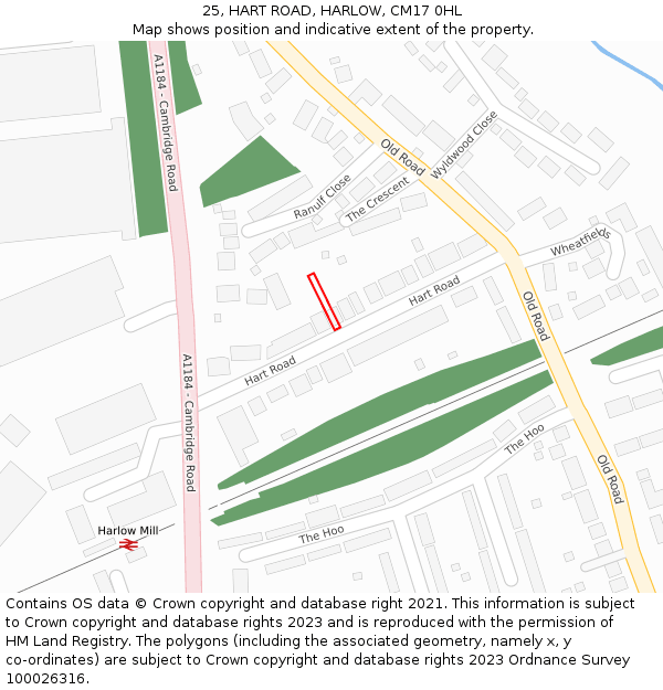 25, HART ROAD, HARLOW, CM17 0HL: Location map and indicative extent of plot