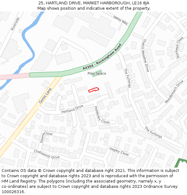 25, HARTLAND DRIVE, MARKET HARBOROUGH, LE16 8JA: Location map and indicative extent of plot