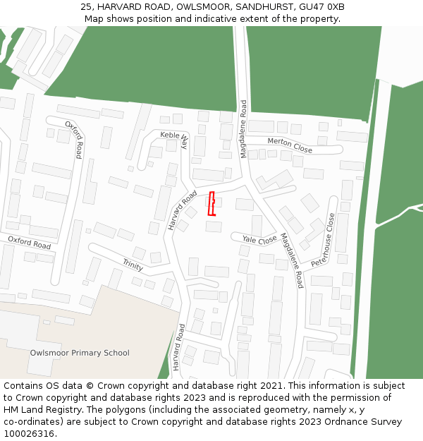 25, HARVARD ROAD, OWLSMOOR, SANDHURST, GU47 0XB: Location map and indicative extent of plot