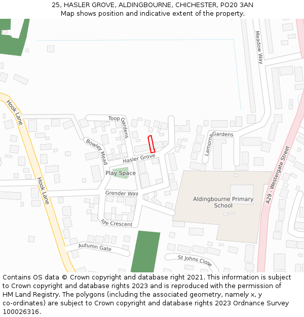 25, HASLER GROVE, ALDINGBOURNE, CHICHESTER, PO20 3AN: Location map and indicative extent of plot
