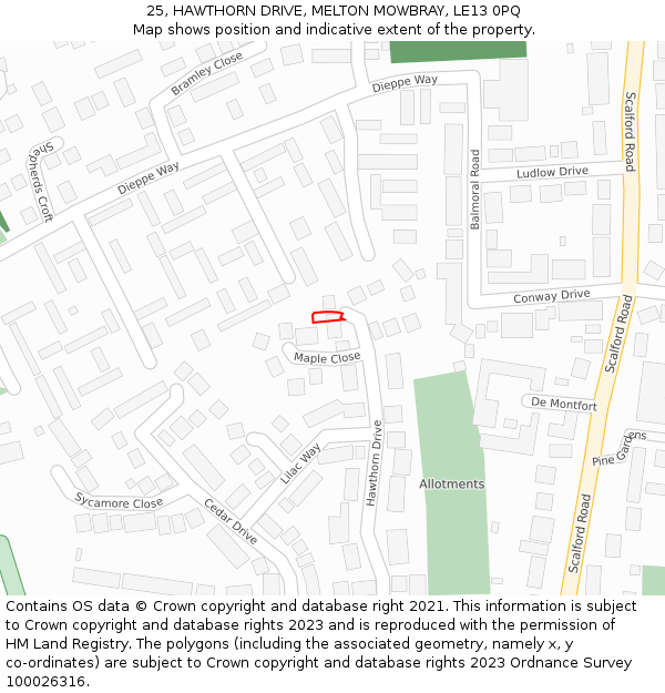 25, HAWTHORN DRIVE, MELTON MOWBRAY, LE13 0PQ: Location map and indicative extent of plot