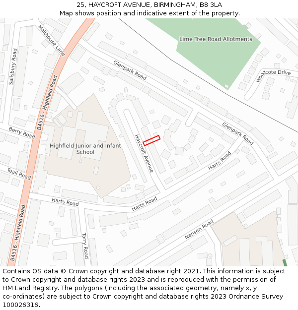 25, HAYCROFT AVENUE, BIRMINGHAM, B8 3LA: Location map and indicative extent of plot