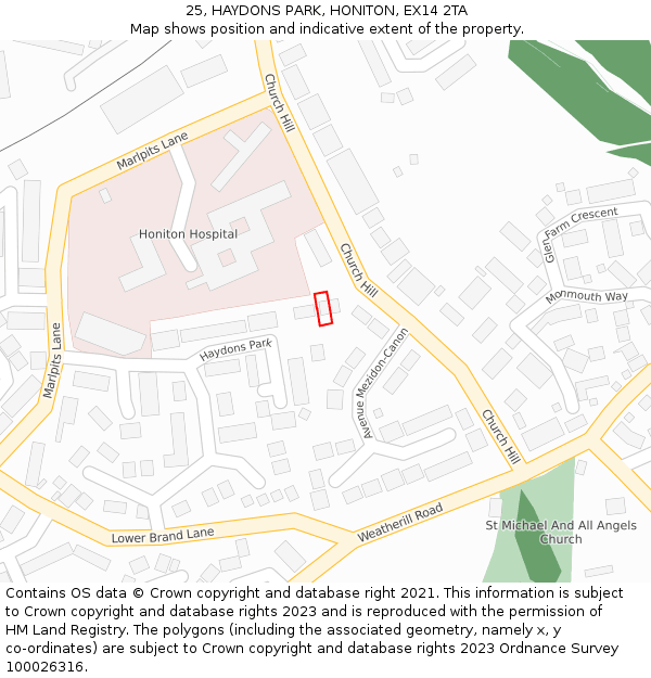 25, HAYDONS PARK, HONITON, EX14 2TA: Location map and indicative extent of plot