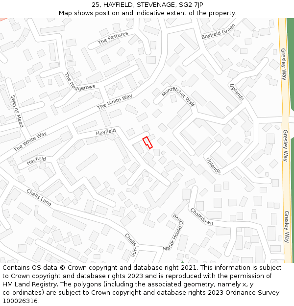 25, HAYFIELD, STEVENAGE, SG2 7JP: Location map and indicative extent of plot