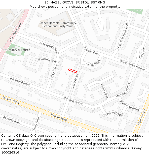 25, HAZEL GROVE, BRISTOL, BS7 0NG: Location map and indicative extent of plot