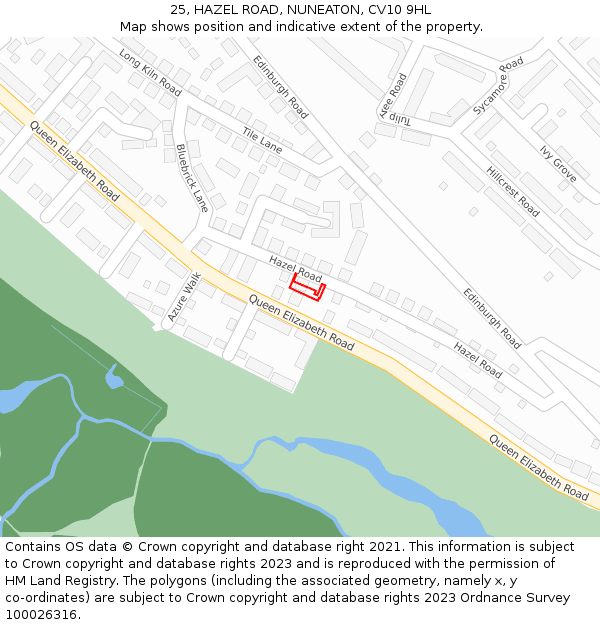 25, HAZEL ROAD, NUNEATON, CV10 9HL: Location map and indicative extent of plot