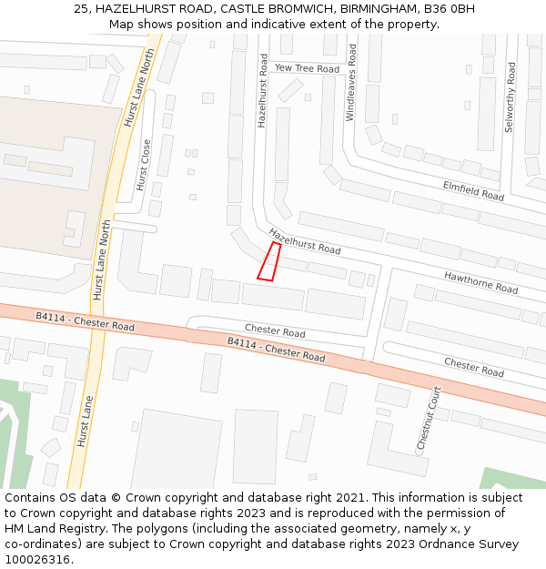 25, HAZELHURST ROAD, CASTLE BROMWICH, BIRMINGHAM, B36 0BH: Location map and indicative extent of plot