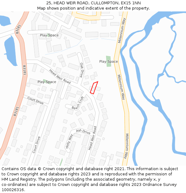 25, HEAD WEIR ROAD, CULLOMPTON, EX15 1NN: Location map and indicative extent of plot