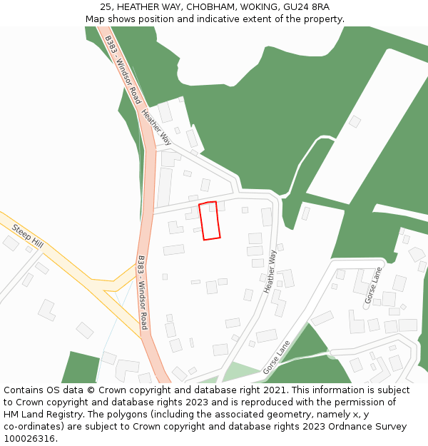 25, HEATHER WAY, CHOBHAM, WOKING, GU24 8RA: Location map and indicative extent of plot