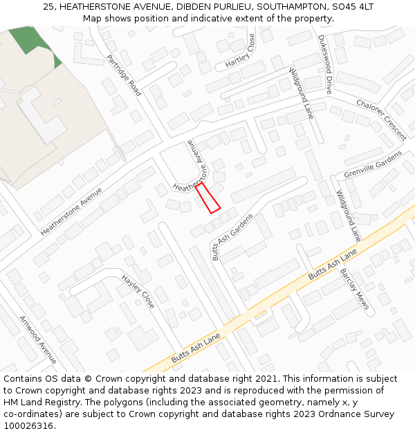 25, HEATHERSTONE AVENUE, DIBDEN PURLIEU, SOUTHAMPTON, SO45 4LT: Location map and indicative extent of plot