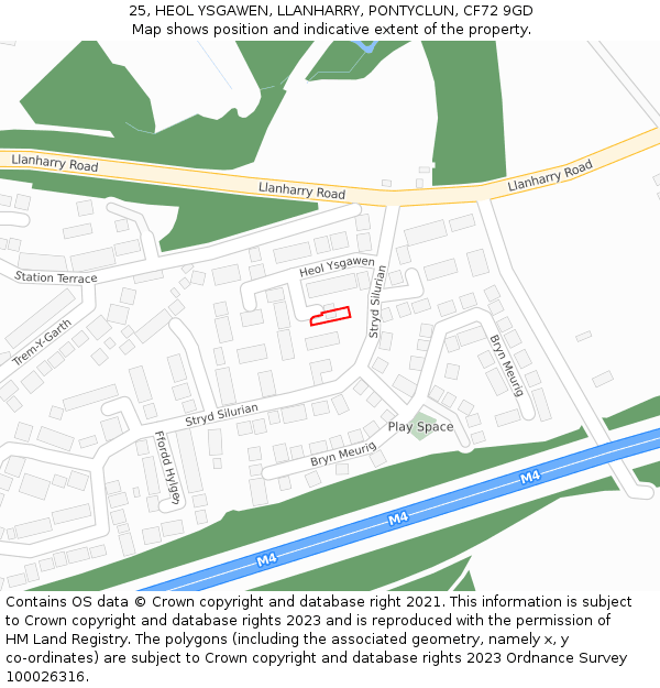 25, HEOL YSGAWEN, LLANHARRY, PONTYCLUN, CF72 9GD: Location map and indicative extent of plot