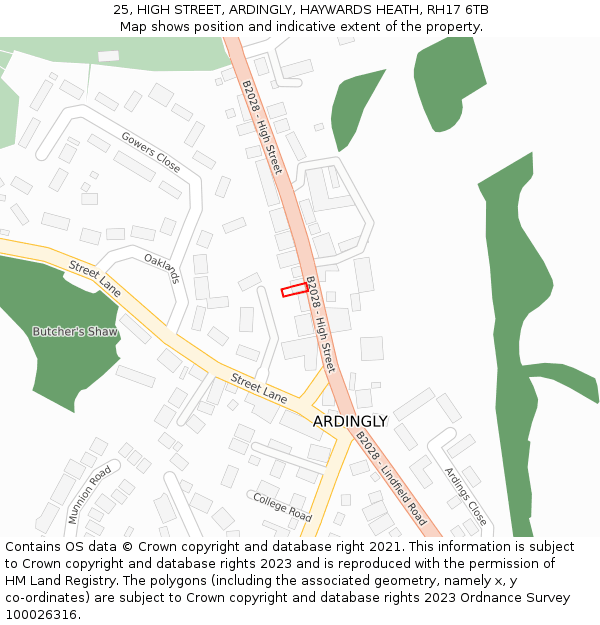 25, HIGH STREET, ARDINGLY, HAYWARDS HEATH, RH17 6TB: Location map and indicative extent of plot