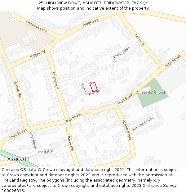 25, HIGH VIEW DRIVE, ASHCOTT, BRIDGWATER, TA7 9QY: Location map and indicative extent of plot