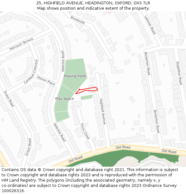 25, HIGHFIELD AVENUE, HEADINGTON, OXFORD, OX3 7LR: Location map and indicative extent of plot