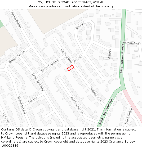 25, HIGHFIELD ROAD, PONTEFRACT, WF8 4LJ: Location map and indicative extent of plot