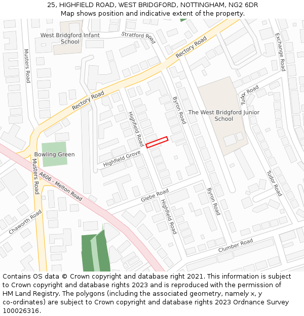 25, HIGHFIELD ROAD, WEST BRIDGFORD, NOTTINGHAM, NG2 6DR: Location map and indicative extent of plot