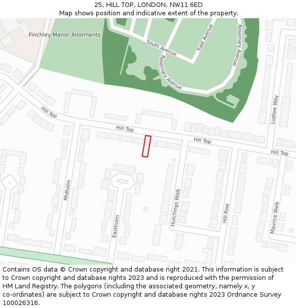 25, HILL TOP, LONDON, NW11 6ED: Location map and indicative extent of plot