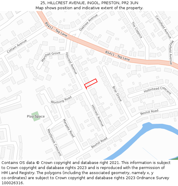 25, HILLCREST AVENUE, INGOL, PRESTON, PR2 3UN: Location map and indicative extent of plot