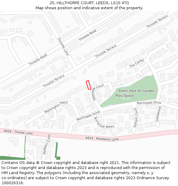25, HILLTHORPE COURT, LEEDS, LS10 4TG: Location map and indicative extent of plot