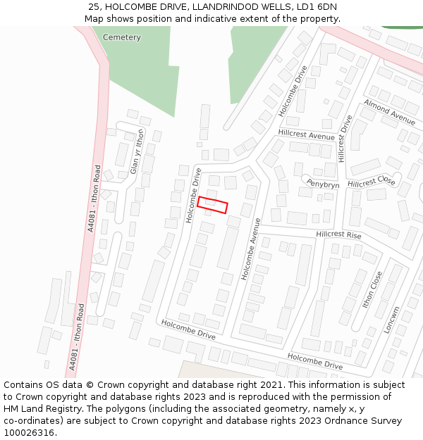 25, HOLCOMBE DRIVE, LLANDRINDOD WELLS, LD1 6DN: Location map and indicative extent of plot