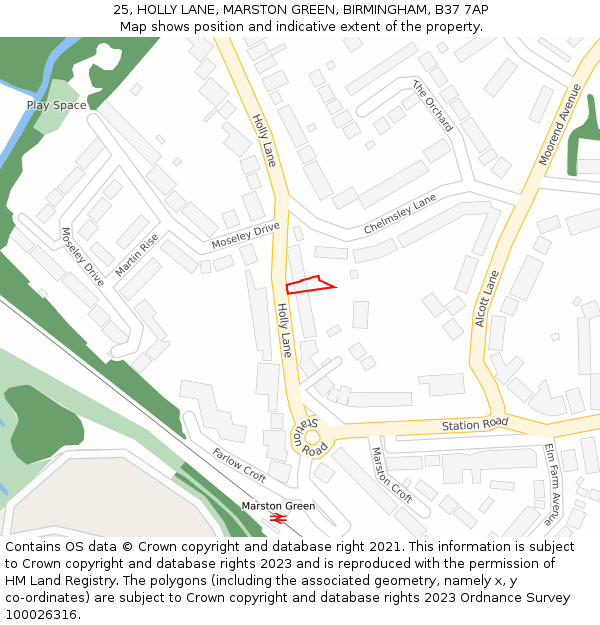 25, HOLLY LANE, MARSTON GREEN, BIRMINGHAM, B37 7AP: Location map and indicative extent of plot