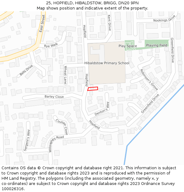 25, HOPFIELD, HIBALDSTOW, BRIGG, DN20 9PN: Location map and indicative extent of plot