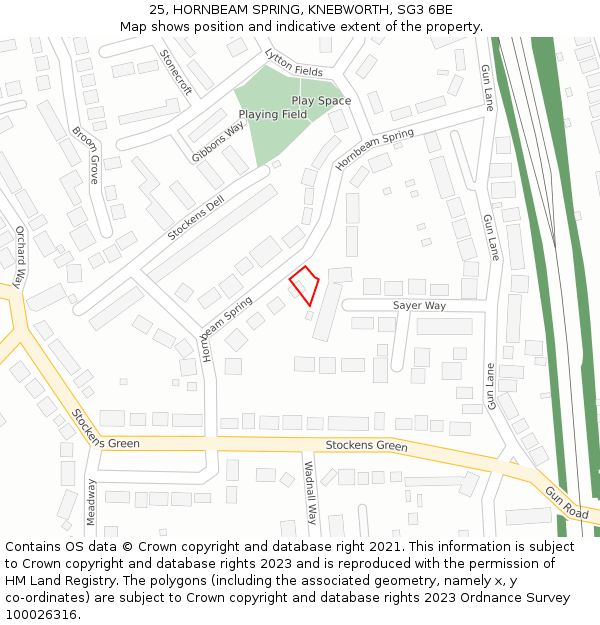 25, HORNBEAM SPRING, KNEBWORTH, SG3 6BE: Location map and indicative extent of plot