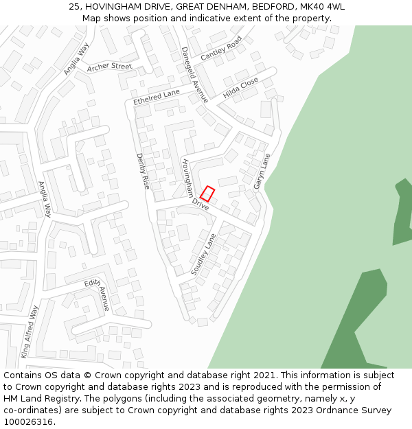 25, HOVINGHAM DRIVE, GREAT DENHAM, BEDFORD, MK40 4WL: Location map and indicative extent of plot