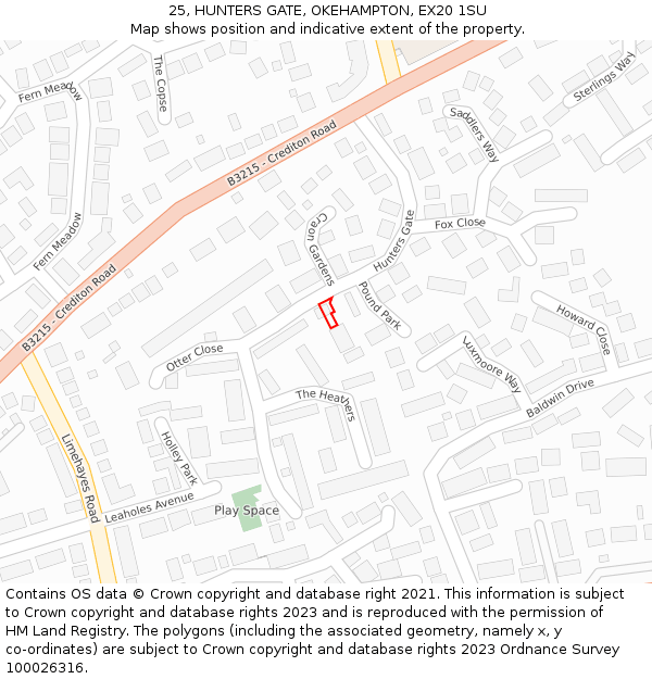 25, HUNTERS GATE, OKEHAMPTON, EX20 1SU: Location map and indicative extent of plot