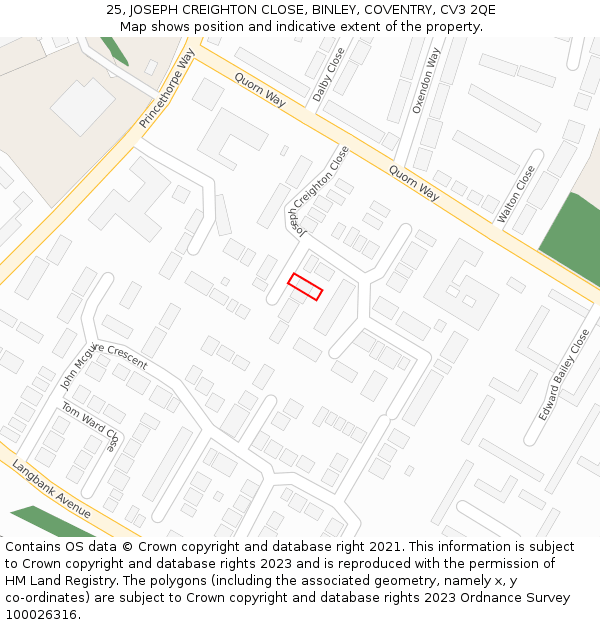 25, JOSEPH CREIGHTON CLOSE, BINLEY, COVENTRY, CV3 2QE: Location map and indicative extent of plot