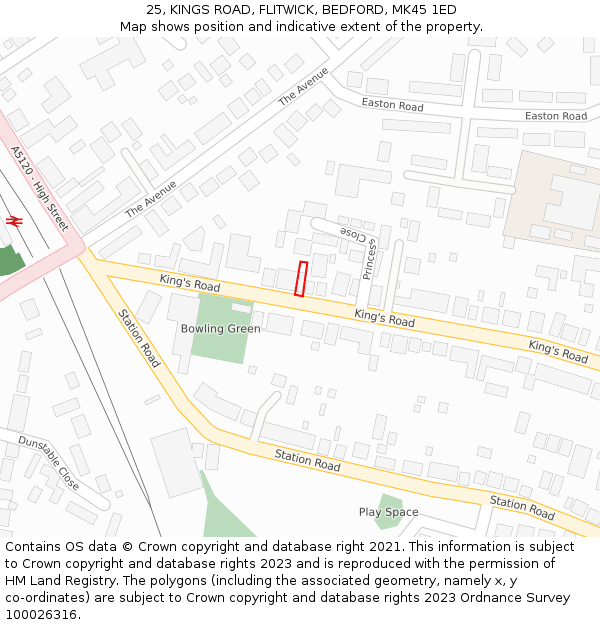 25, KINGS ROAD, FLITWICK, BEDFORD, MK45 1ED: Location map and indicative extent of plot