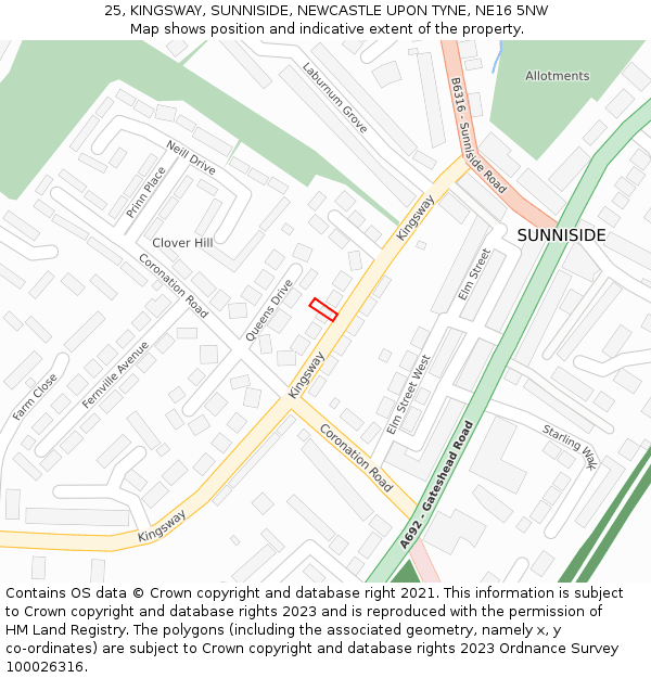 25, KINGSWAY, SUNNISIDE, NEWCASTLE UPON TYNE, NE16 5NW: Location map and indicative extent of plot