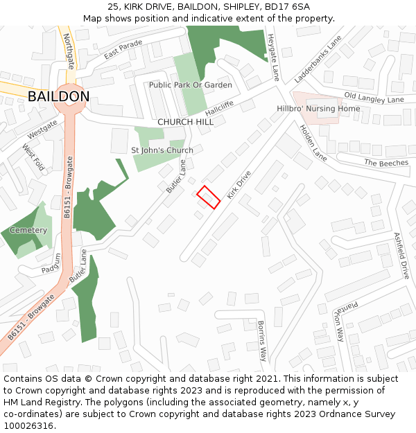 25, KIRK DRIVE, BAILDON, SHIPLEY, BD17 6SA: Location map and indicative extent of plot