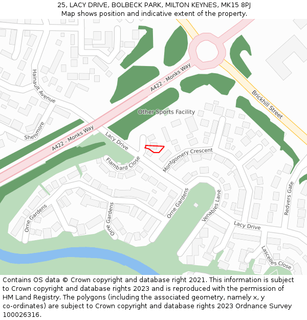 25, LACY DRIVE, BOLBECK PARK, MILTON KEYNES, MK15 8PJ: Location map and indicative extent of plot