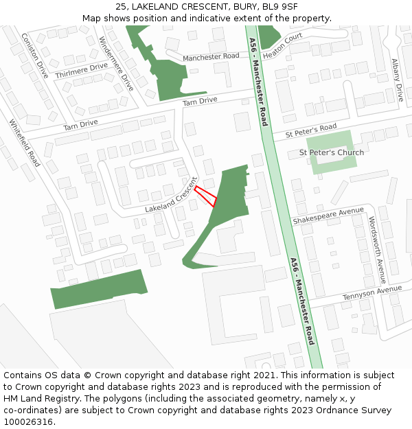 25, LAKELAND CRESCENT, BURY, BL9 9SF: Location map and indicative extent of plot