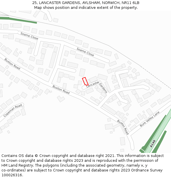 25, LANCASTER GARDENS, AYLSHAM, NORWICH, NR11 6LB: Location map and indicative extent of plot