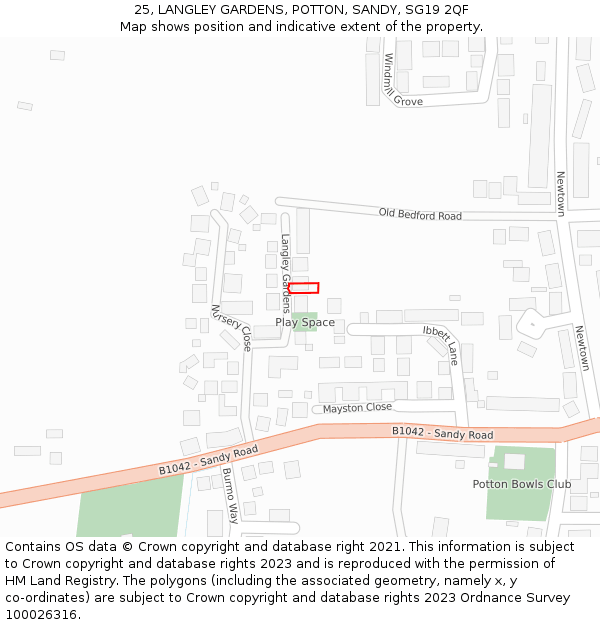 25, LANGLEY GARDENS, POTTON, SANDY, SG19 2QF: Location map and indicative extent of plot