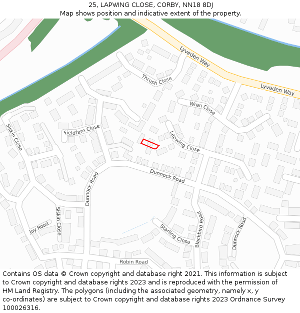 25, LAPWING CLOSE, CORBY, NN18 8DJ: Location map and indicative extent of plot