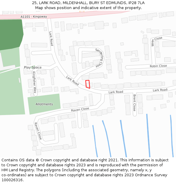 25, LARK ROAD, MILDENHALL, BURY ST EDMUNDS, IP28 7LA: Location map and indicative extent of plot