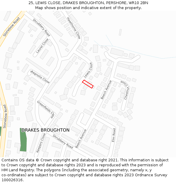 25, LEWIS CLOSE, DRAKES BROUGHTON, PERSHORE, WR10 2BN: Location map and indicative extent of plot