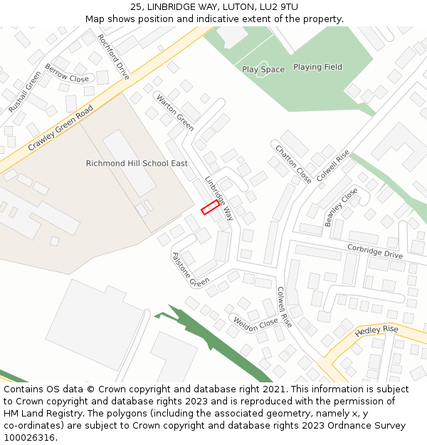 25, LINBRIDGE WAY, LUTON, LU2 9TU: Location map and indicative extent of plot